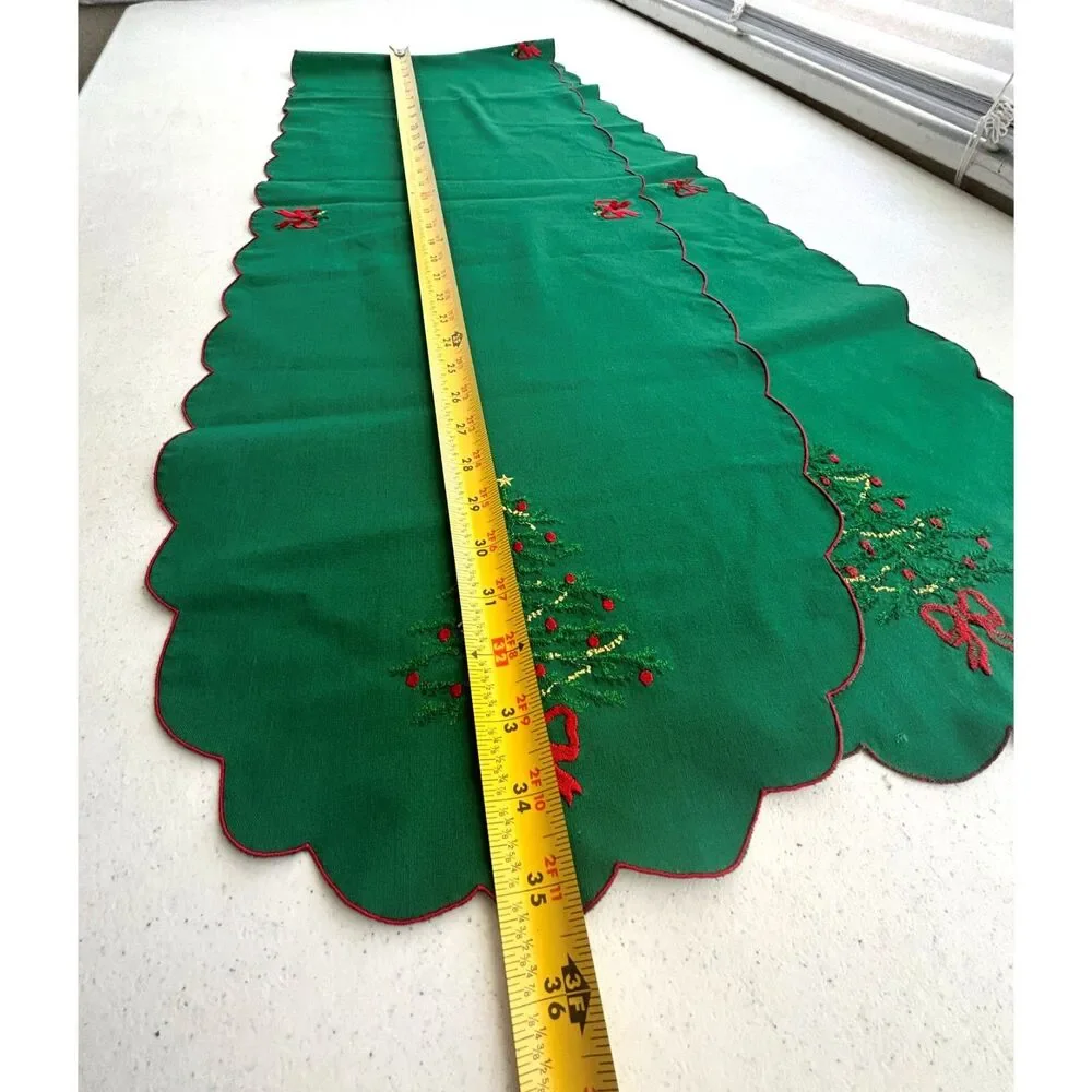 Embroidered Green Christmas Table Runner Set of 2 Holiday Kitchen Decor 12x70